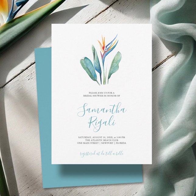 Bridal Shower Invitations Tropical Flowers (Bridal shower invitations simple watercolor tropical flower by Victoria Grigaliunas Do Tell A Belle)
