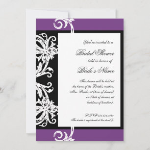 Bridal Shower Invite Black White Purple Damask