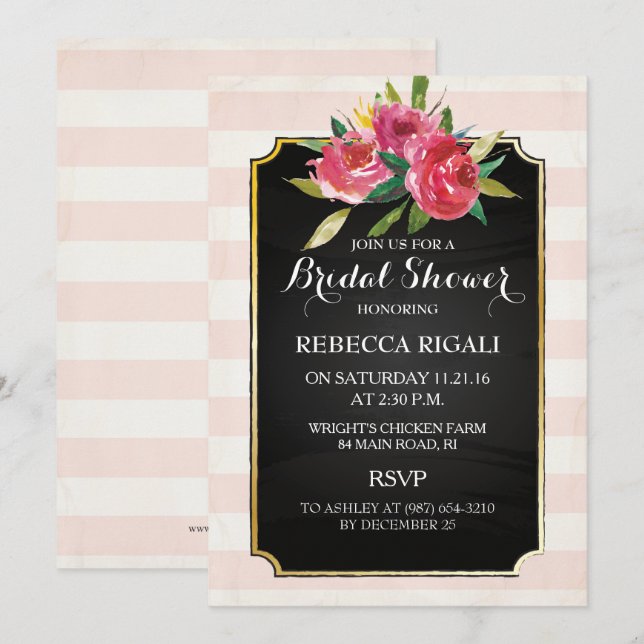 Bridal Shower Invite ~ Floral Pink Stripes (Front/Back)