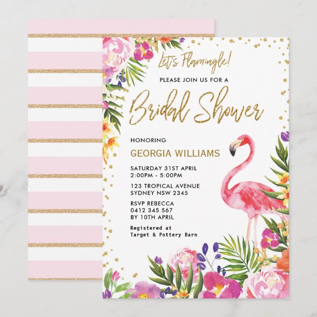 Bridal Shower Invite Pink Flamingo Tropical Floral (Front/Back)