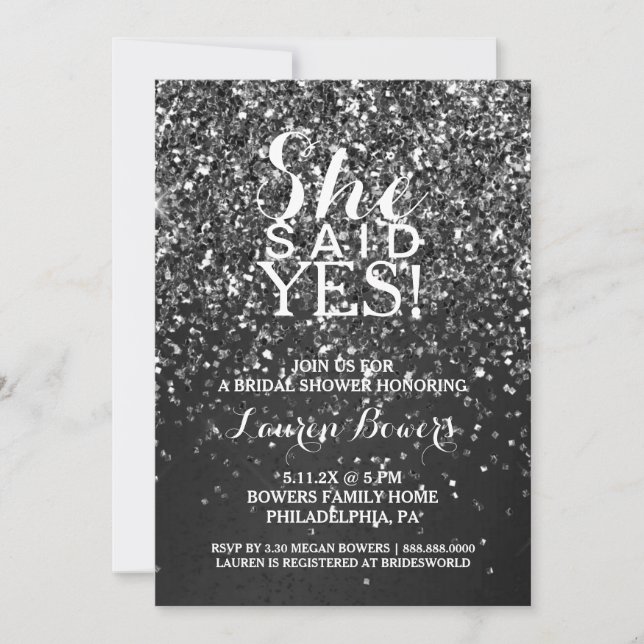 Bridal Shower Invite She Said Yes Black Glitter  (Front)