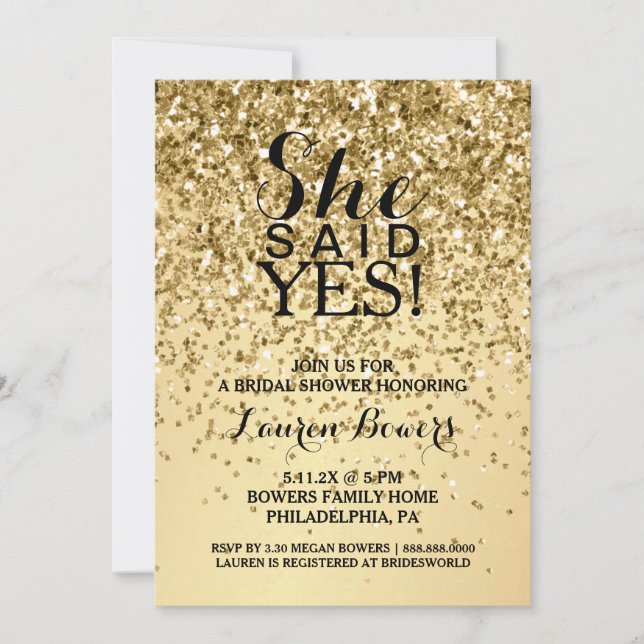 Bridal Shower Invite She Said Yes Gold Glitter  (Front)