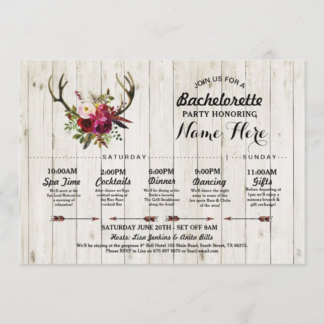 Bridal Shower Itinerary Bachelorette Antler Rustic Programme (Front)