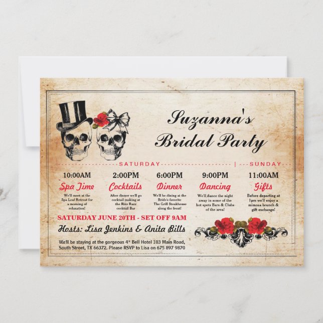 Bridal Shower Itinerary Bachelorette Skulls Plan Invitation (Front)