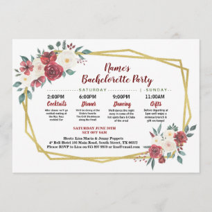 Bridal Shower Itinerary Gold Floral Red & Cream Invitation