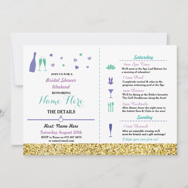 Bridal Shower Itinerary Heart Purple Gold Invite (Front)