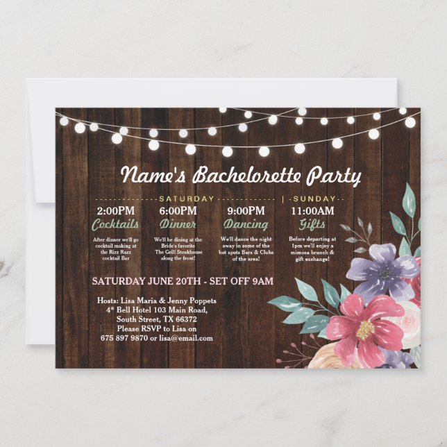 Bridal Shower Itinerary Pink Flower Rustic Lights Invitation (Front)
