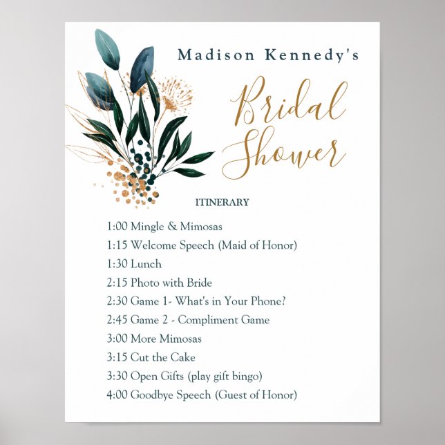 Bridal Shower Itinerary Plan Blue Floral Fab Fun Poster (Front)