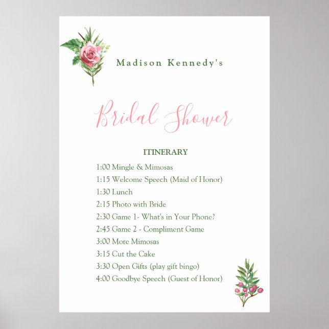 Bridal Shower Itinerary Plan Rose Floral Epic Fab  Poster (Front)