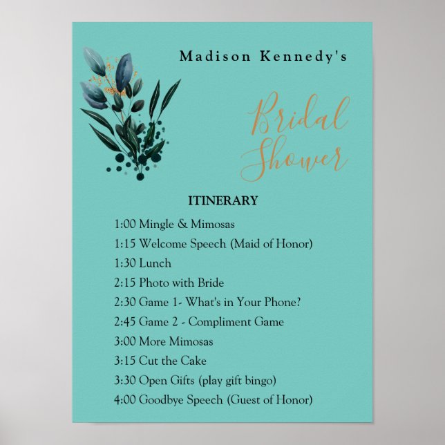 Bridal Shower Itinerary Plan Teal Blue Floral Fab Poster (Front)