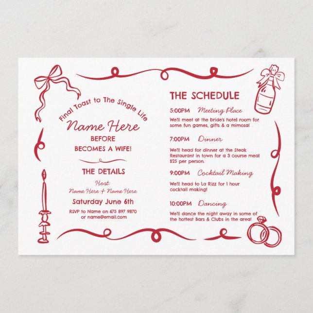 Bridal Shower Itinerary Whimsical Hand Drawn Programme (Front)