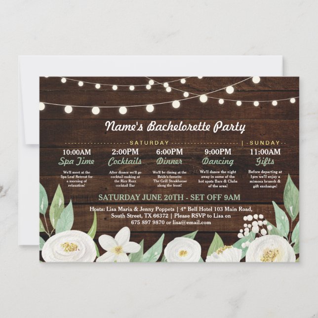 Bridal Shower Itinerary White Flower Rustic Lights Invitation (Front)