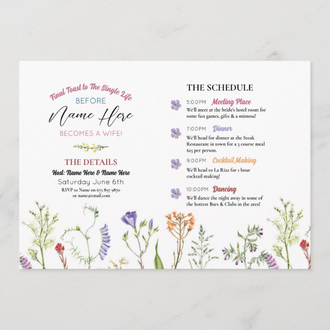 Bridal Shower Itinerary Wildflowers Floral Programme (Front)