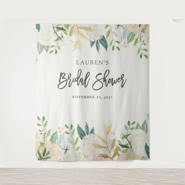 Bridal Shower | Ivory Floral Photo Backdrop Tapestry (Front)