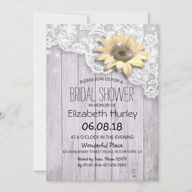 Bridal Shower Lace Sunflower Wood & String Lights Invitation (Front)