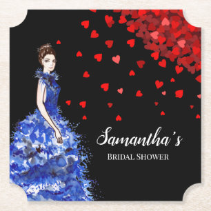 Bridal Shower Lady with Sparkly Blue Gown Hearts Paper Coaster