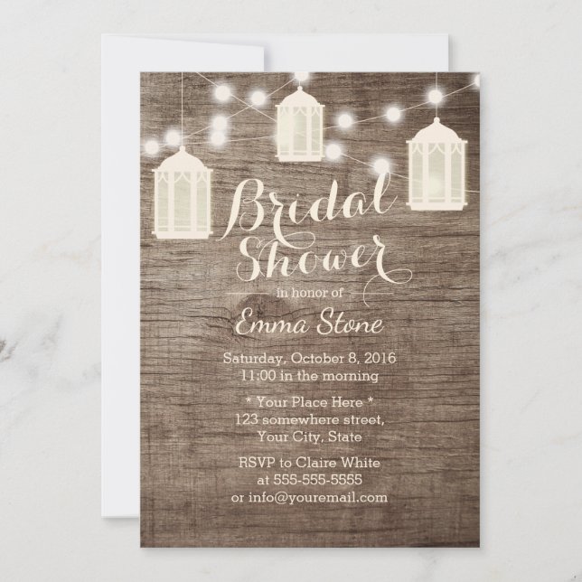 Bridal Shower Lanterns & Strings Rustic Wood Invitation (Front)
