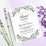 Bridal shower lavender violet budget invitation<br><div class="desc">A white background. Decorated with violet lavender flowers and eucalyptus greenery.  Personalise and add a name and party details. The name is written with a hand lettered style script. 

1 paper sheet = 1 invitation printed edge to edge.</div>