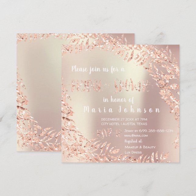 Bridal Shower Leafs Wrath Glitter Pink Rose Gold Invitation (Front/Back)