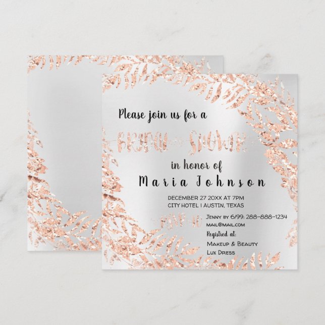 Bridal Shower Leafs Wrath Glitter Pink Rose Silver Invitation (Front/Back)