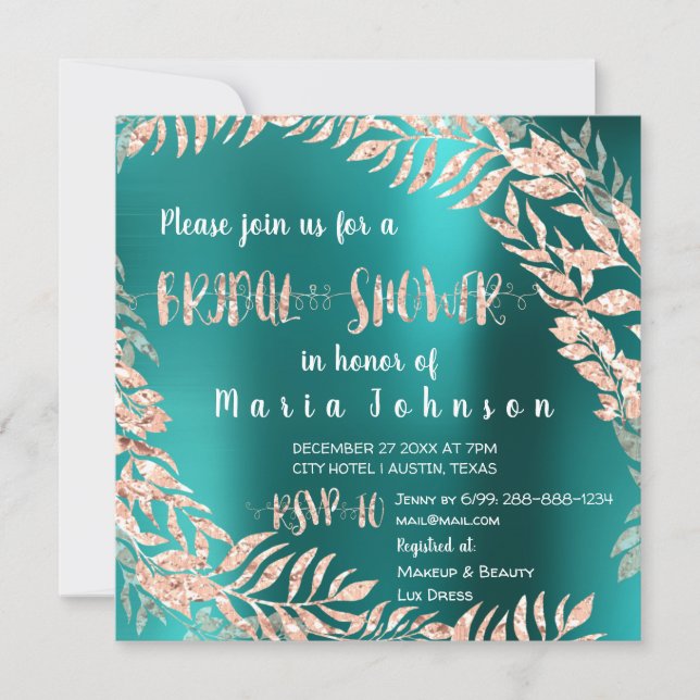 Bridal Shower Leafs Wrath Glitter Rose Gold Teal Invitation (Front)