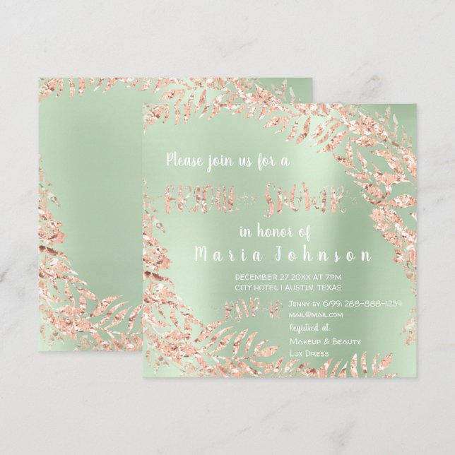 Bridal Shower Leafs Wreath Pink Rose Mint Green Invitation (Front/Back)