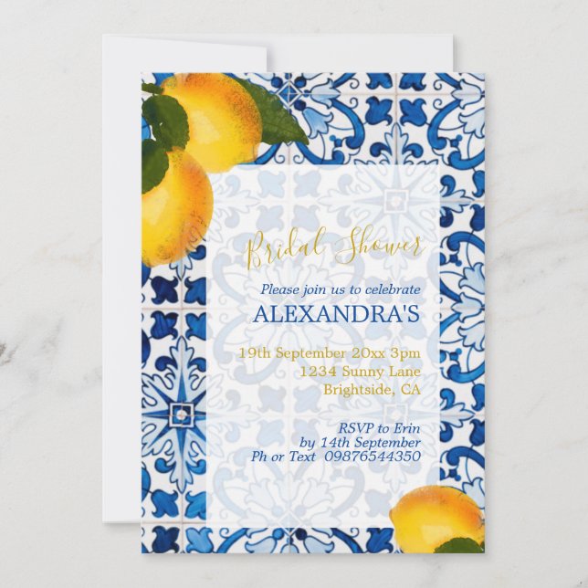 Bridal Shower Lemon Blue White Tile Chic Invitation (Front)
