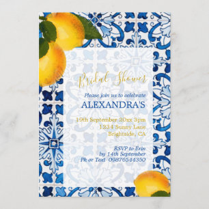 Bridal Shower Lemon Blue White Tile Chic Invitation