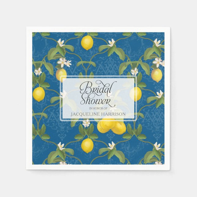 Bridal Shower Lemon Royal Blue White Citrus Floral Napkin (Front)