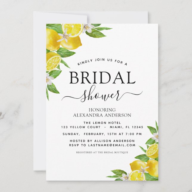 Bridal Shower Lemon Watercolor Citrus Yellow Invitation (Front)