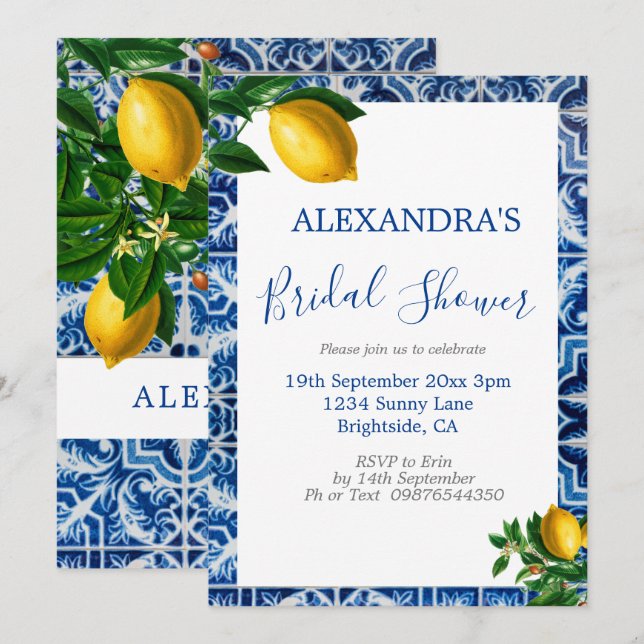 Bridal Shower Lemons Blue White Tuscan Tile Invitation (Front/Back)
