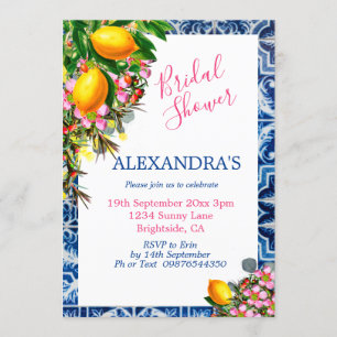 Bridal Shower Lemons Floral Blue White Tile Invitation