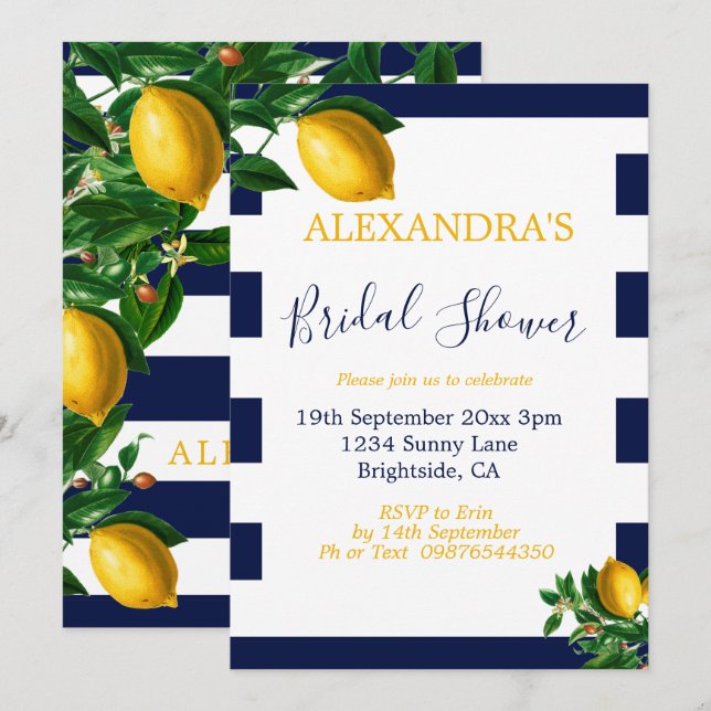Bridal Shower Lemons Navy White Stripe Elegant Invitation (Front/Back)