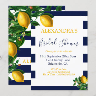 Bridal Shower Lemons Navy White Stripe Elegant Invitation