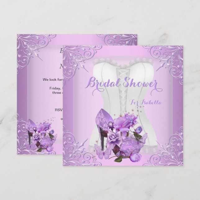 Bridal Shower Lilac Rose Hi Heel Lace Butterfly 2 Invitation (Front/Back)