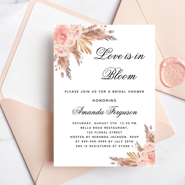 Bridal shower love bloom flowers pampas grass boho invitation postcard (Creator Uploaded)