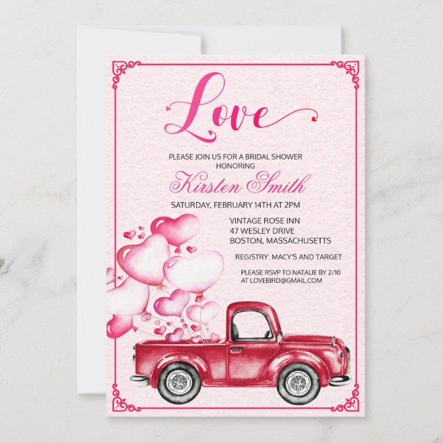 Bridal Shower Love Heart Truck Balloons Invitation (Front)