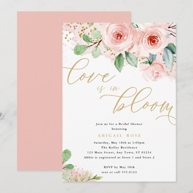  Bridal Shower Love in Bloom, Pink Gold Flowers Invitation (Front/Back)