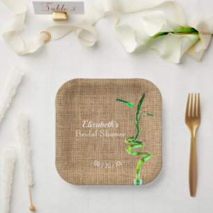 Bridal Shower Lucky Bamboo On Rustic Faux Burlap  Paper Plate