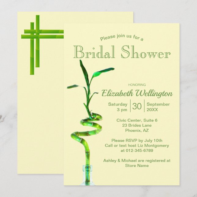 Bridal Shower Lucky Bamboo Over Pastel Yellow Invitation (Front/Back)