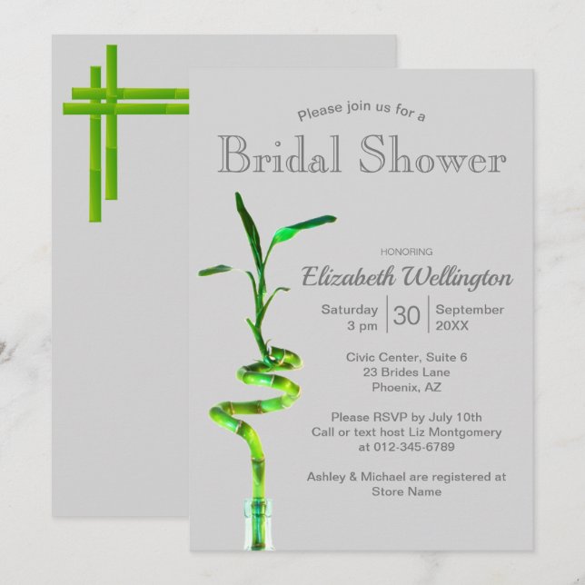 Bridal Shower Lucky Bamboo Over Silver Grey Invitation (Front/Back)