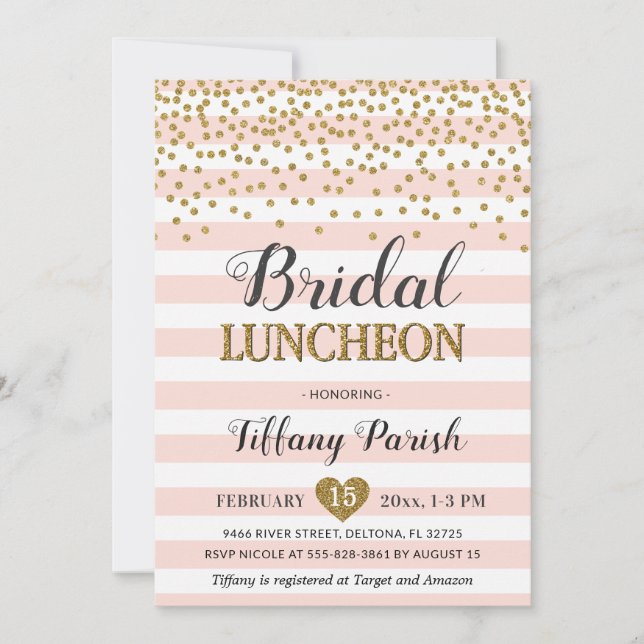 Bridal Shower Luncheon Blush Pink and Gold Glitter Invitation (Front)