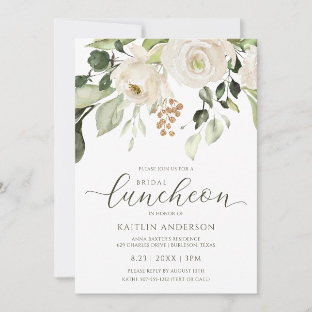Bridal Shower Luncheon Greenery Foliage White Invitation (Front)