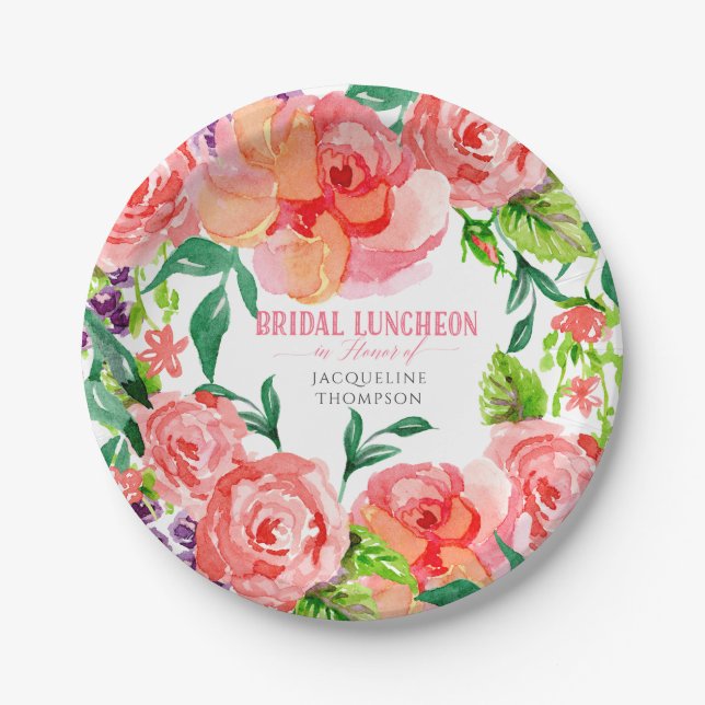 Bridal Shower Luncheon Pink Lavender Modern Floral Paper Plate (Front)