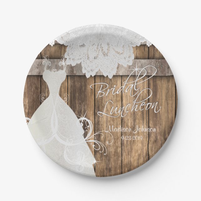 Bridal Shower Luncheon - Rustic Wood and Lace Paper Plate (Front)