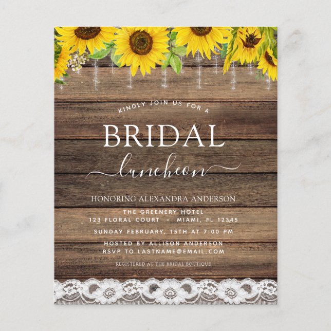 Bridal Shower Luncheon Sunflower Rustic Farmhouse  Flyer (Front)