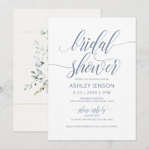 Bridal Shower Luxe Calligraphy Dusty Blue Floral Invitation