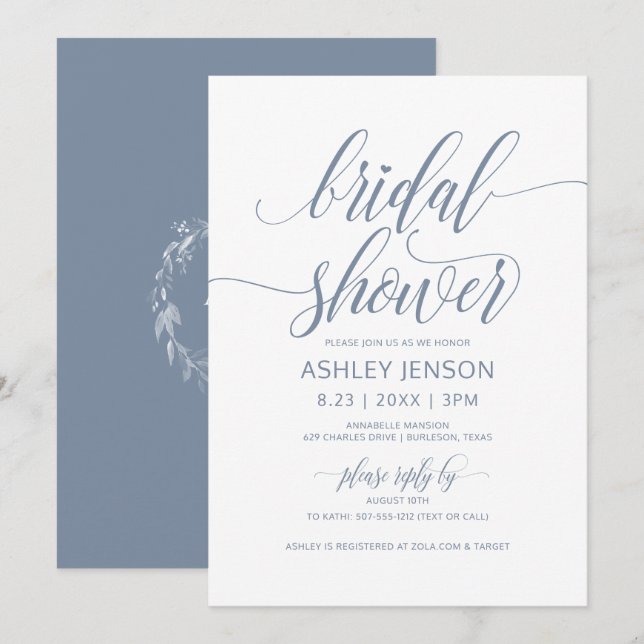 Bridal Shower Luxe Calligraphy Dusty Blue Floral Invitation (Front/Back)