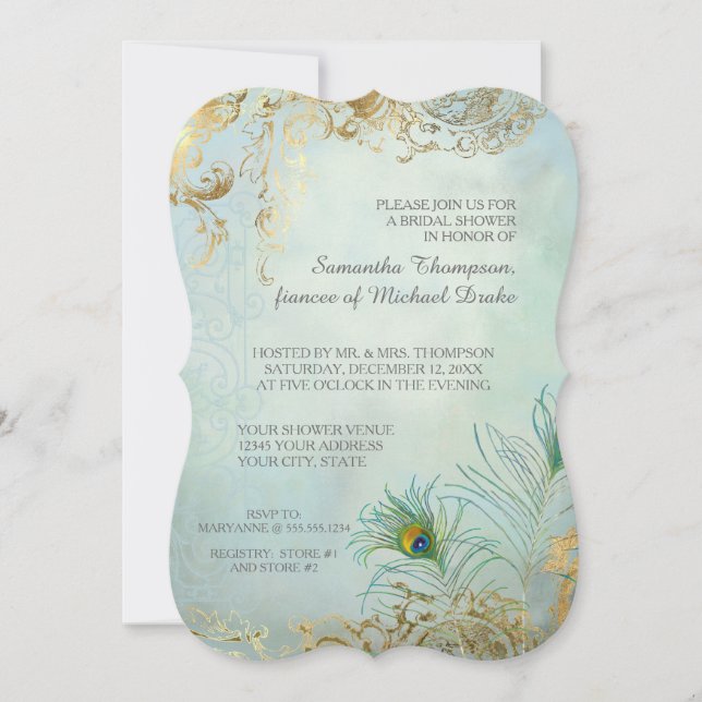 Bridal Shower Luxe Gold Peacock Feathers Elegant Invitation (Front)