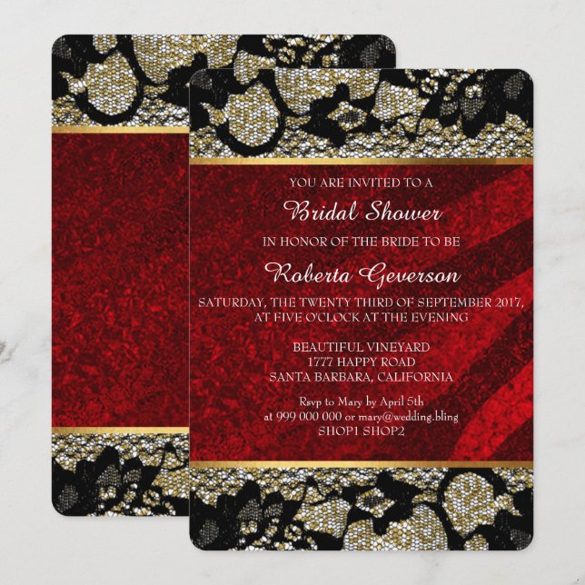 Bridal Shower Luxury Gold Red Black Lace Sparkly Invitation (Front/Back)
